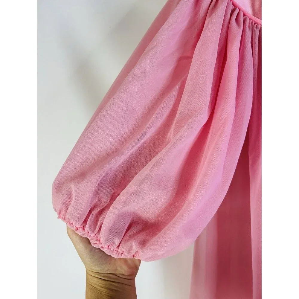Vintage 60s Pink Nylon Chiffon Flowy Peignoir Gown USA  Fairy Angel - Picture 4 of 8